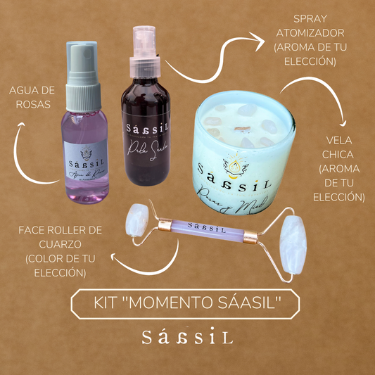 Kit "MOMENTO SÁASIL": vela aromática, spray aromatizante, agua de rosas y rodillo facial de cuarzo.